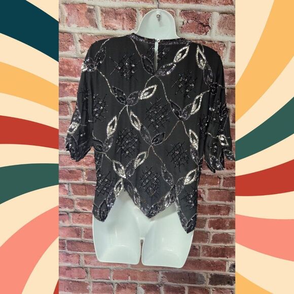 Argenti Silk Beaded Top S | Vintage Black Sequin Scallop Hem Party Eveningwear - Picture 2 of 7